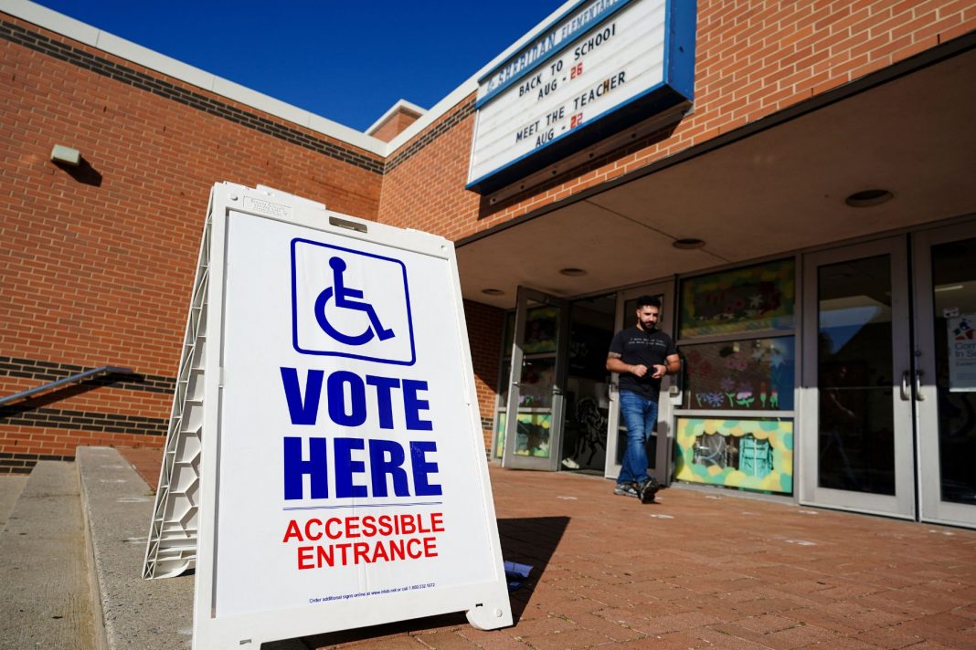 Spotlight PA A voting sign is displayed Nov. 5, 2024, at Sheridan Elementary School in Allentown, Lehigh County, Pennsylvania.