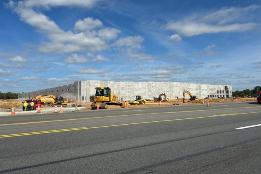 A warehouse under construction at Route 222 and Evans Road in Berks County, PA.