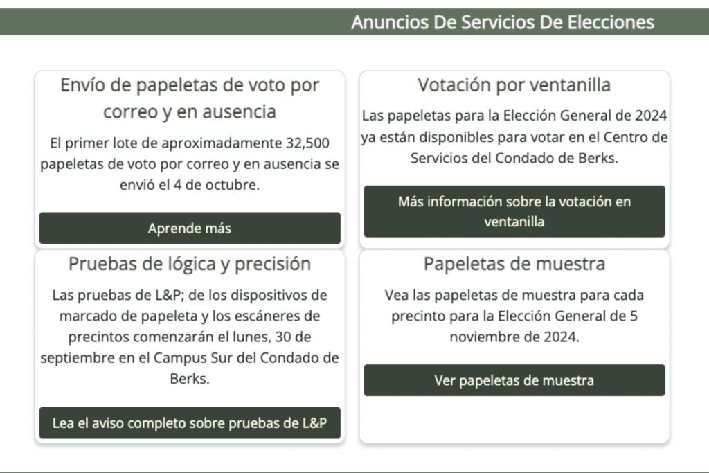 How Berks County's Spanish-language elections website appeared in September 2025.