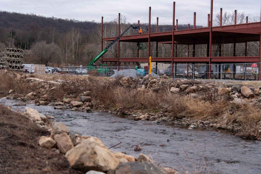 Stony Creek flows past construction of the new Antietam School District elementary school in January 2026.
