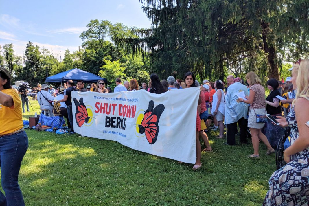 Shut Down Berks coalition protests outside the Berks County Residential Center on July 15, 2018.