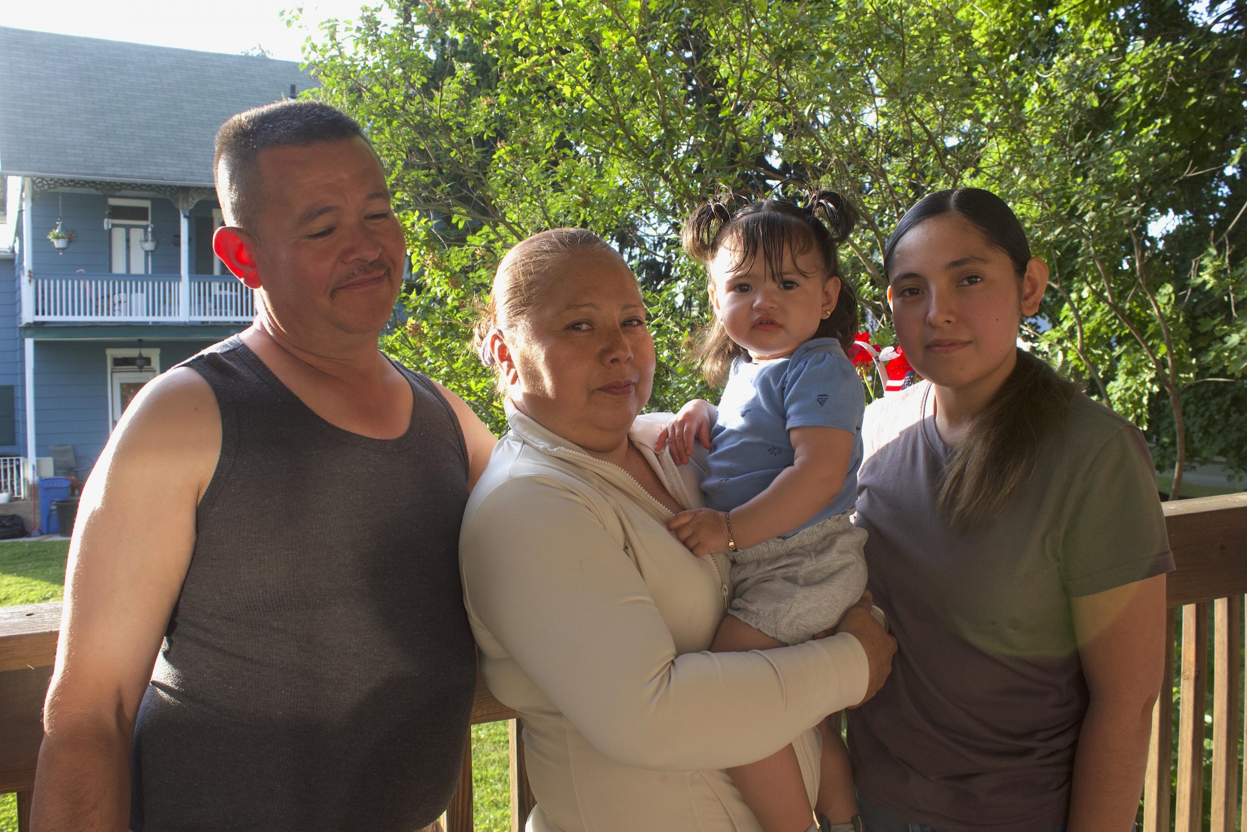 From left, Erasmo Zavala reunites with his wife, Maria; granddaughter, Selene, and daughter, Stephanie, at home in Temple, Berks County, after ICE detention. May 29, 2026.
