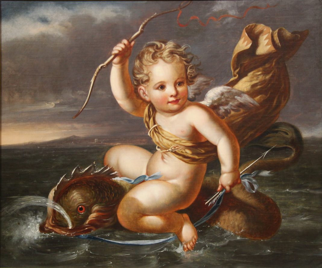 Adam Mortimer Lightner (American, 1815 – 1840) Cupid Riding a Dolphin, 1838, oil on canvas, 25 x 30 1/4 inches, Museum Purchase, Reading Public Museum, 2026.5.1