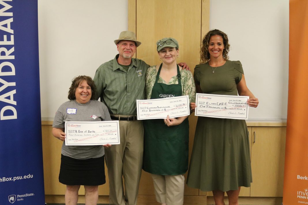 Pictured are the winners of the Berks LaunchBox Lifestyle Pitch Competition (left to right) Annette Faust, A Box of Berks and Beyond; Tom and Kim Chilton, Garden Infuzions; and Jessica King, ElderCARE Collaborative.