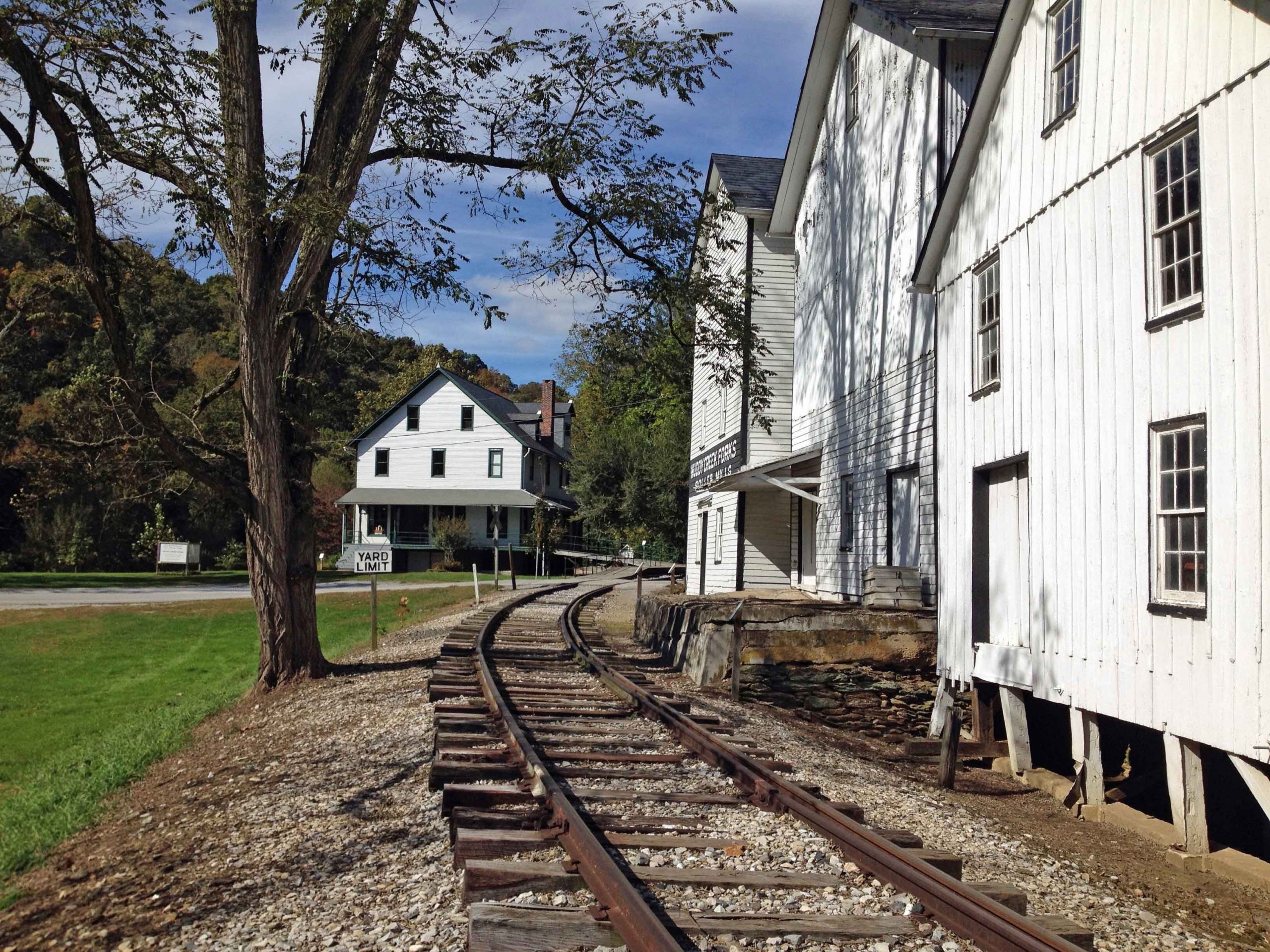 A portion of what was once the Maryland & Pennsylvania Railroad curves around a former flour mill in York County